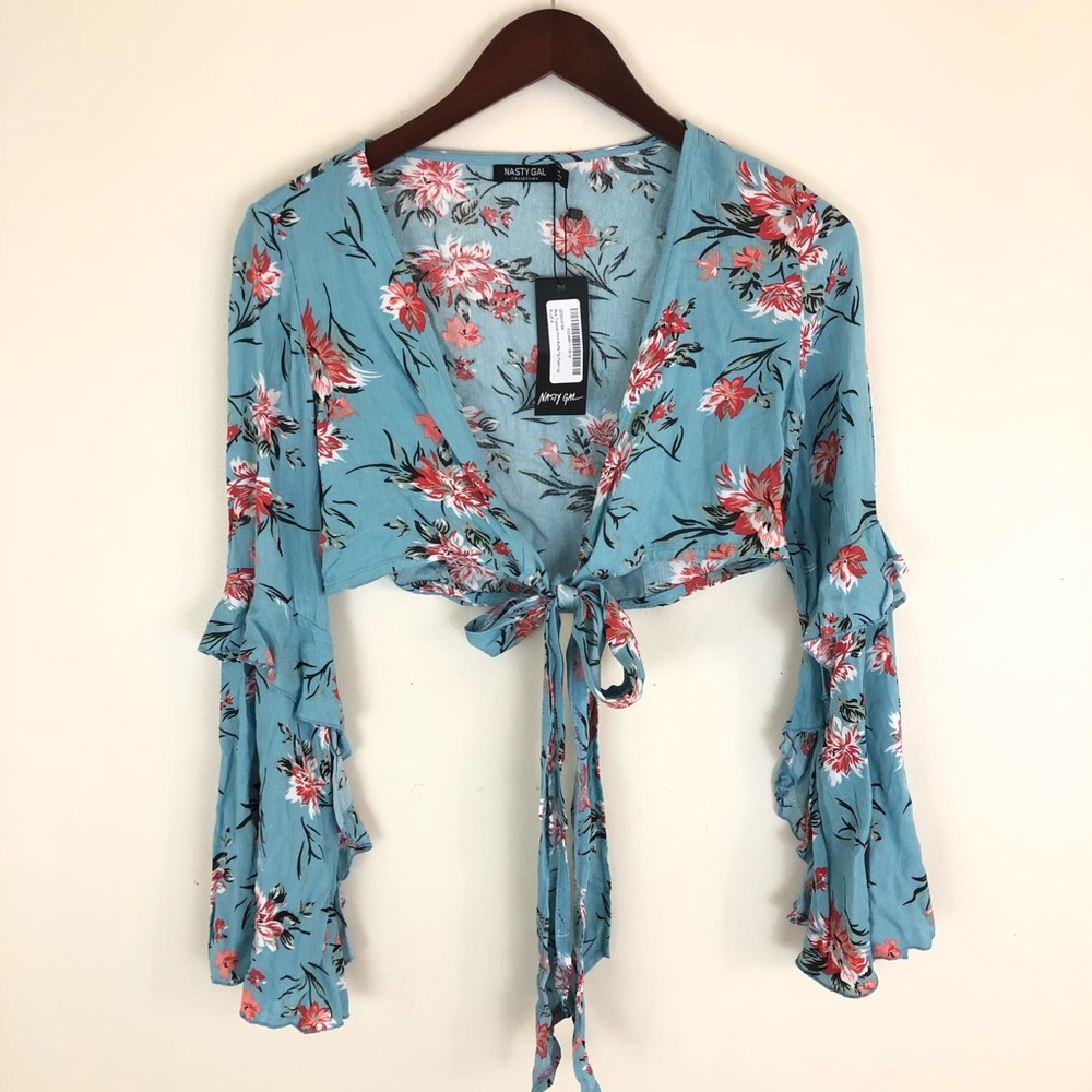 Nasty Gal Blue Tropical Ruffle Tie Front Top